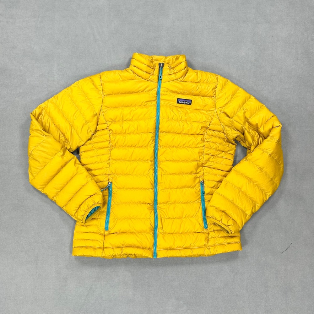Patagonia Yellow Golden Amber Down Sweater Jacket Women's Large Teal Full Zip